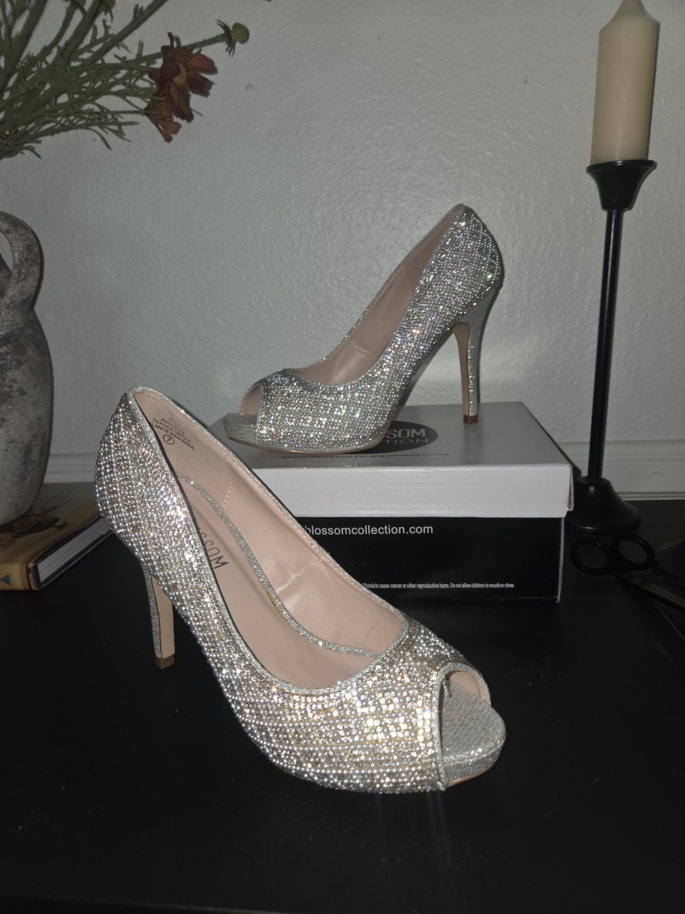 De Blossom Collection Silver Rhinestone Peep-Toe Heels